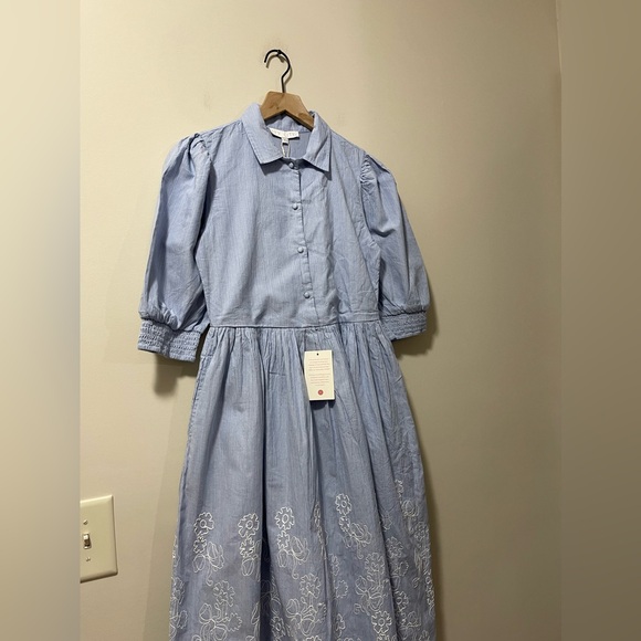 NWT Ivy City Co Chambray White Floral Embroider Scallop Midi Shirt Dress Size XS - Picture 7 of 12